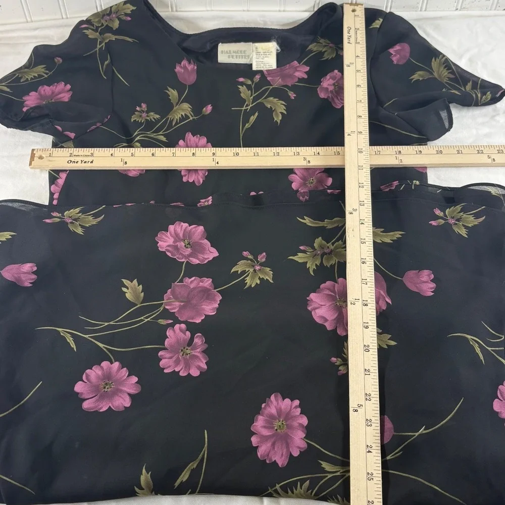Halmode Petites Vintage Black Purple Floral Midi Dress Short‎ Sleeve 14P 10-4047